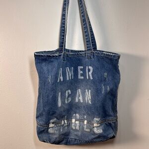 American Eagle Outfitters Denim Tote with Tan Leather Patch